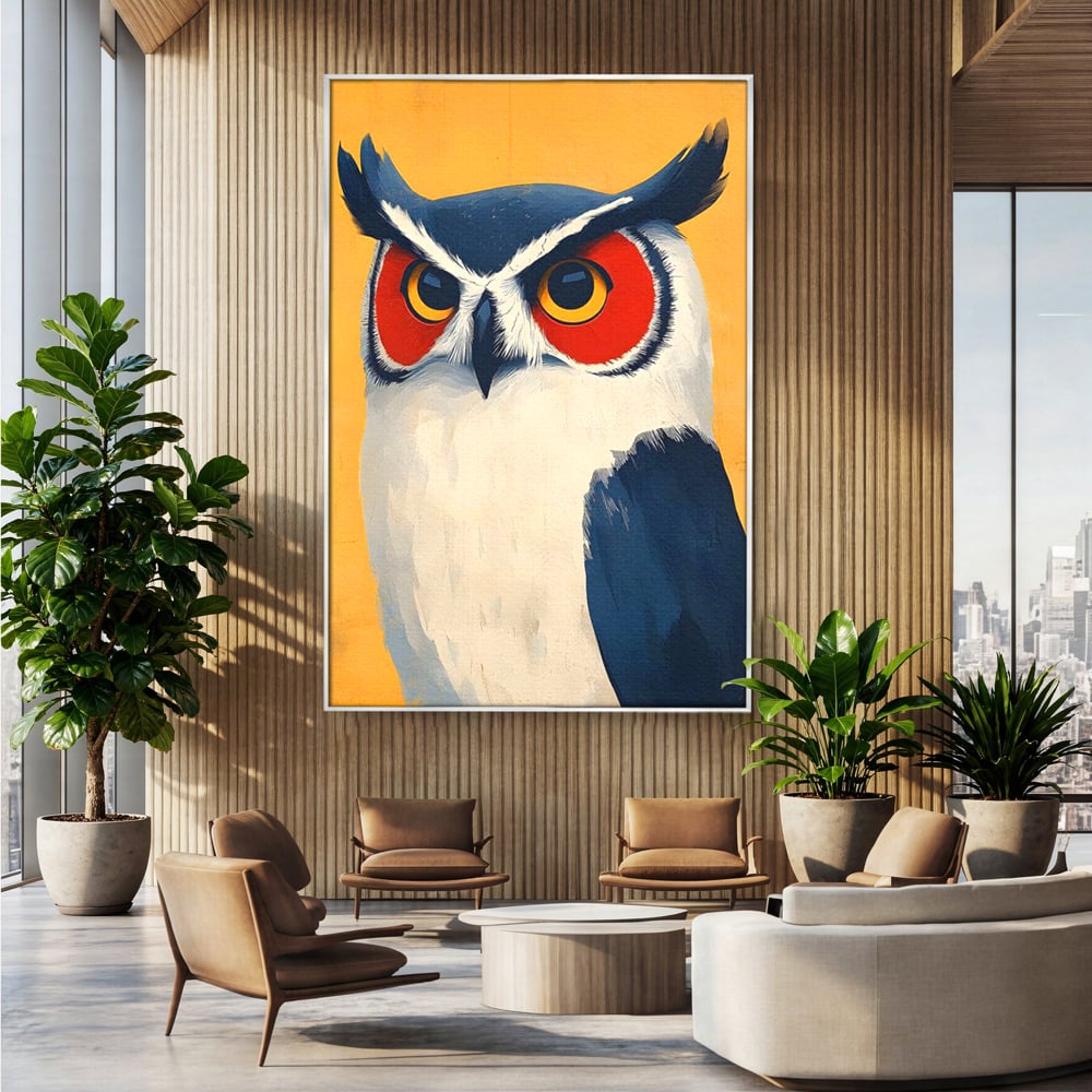 Tablou canvas cu tablou canvas cu bufnita stilizata, in rama de aluminiu argintiu, pe perete intr-un birou